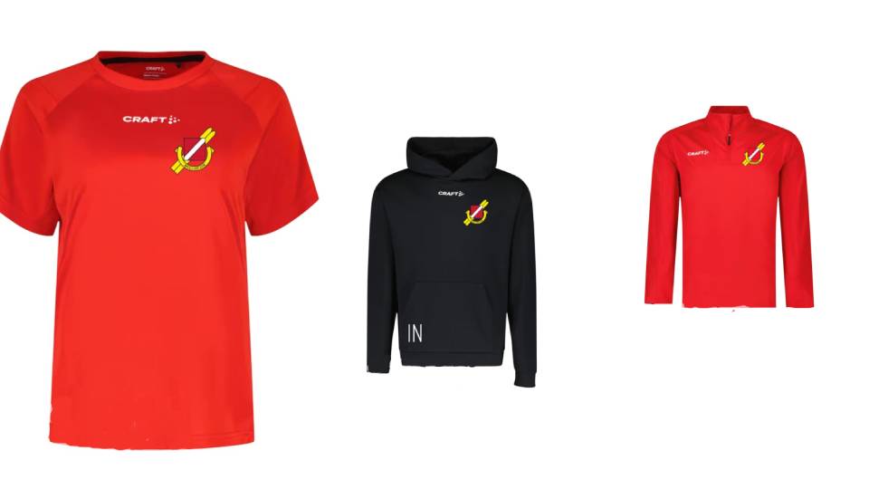 Tre av produkterna som finns att köpa i Mullsjö SOK:s klubbshop - en kortärmad och en långärmad träningströja samt en hoodie.